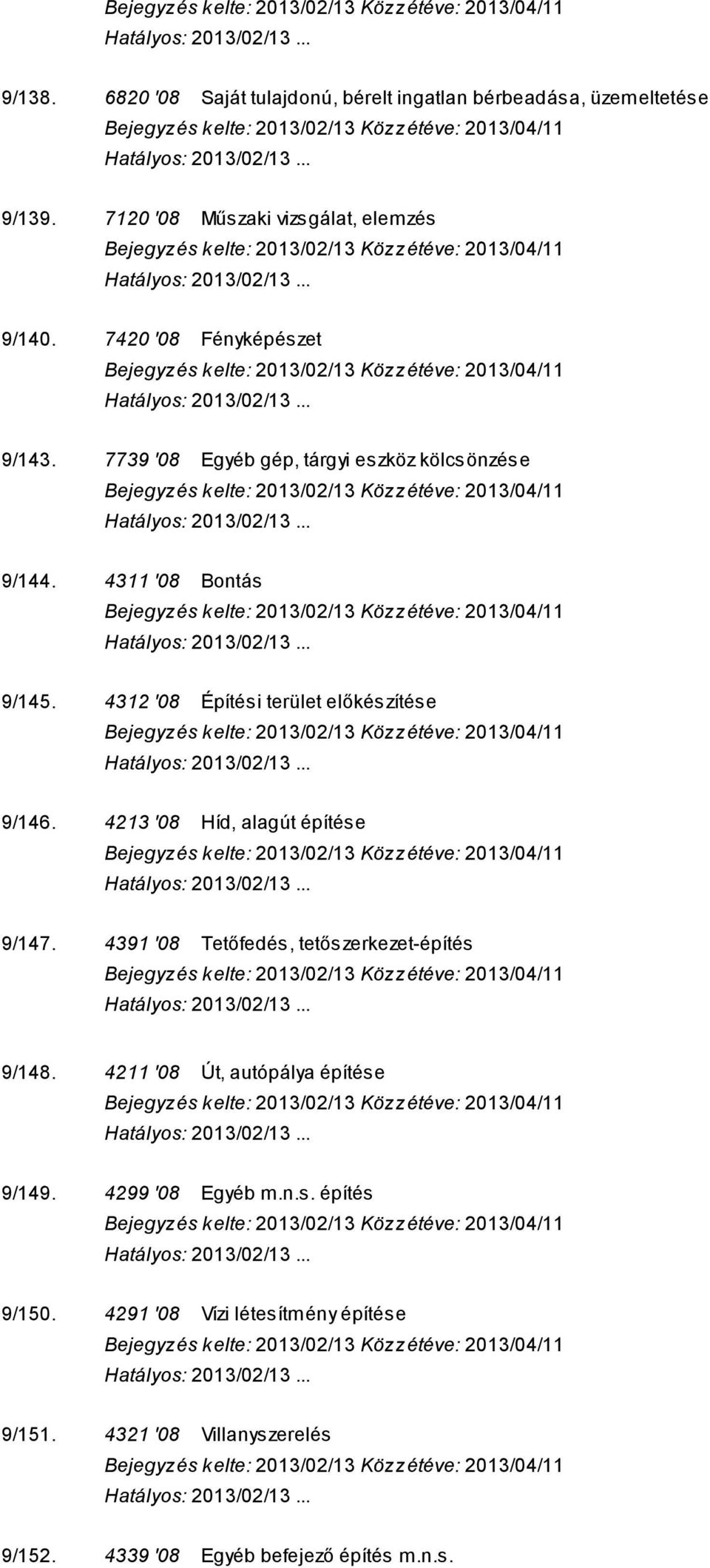 4312 '08 Építési terület előkészítése 9/146. 4213 '08 Híd, alagút építése 9/147. 4391 '08 Tetőfedés, tetőszerkezet-építés 9/148.