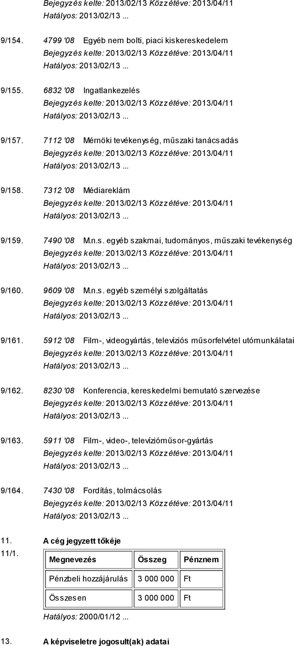 5912 '08 Film-, videogyártás, televíziós műsorfelvétel utómunkálatai 9/162. 8230 '08 Konferencia, kereskedelmi bemutató szervezése 9/163.
