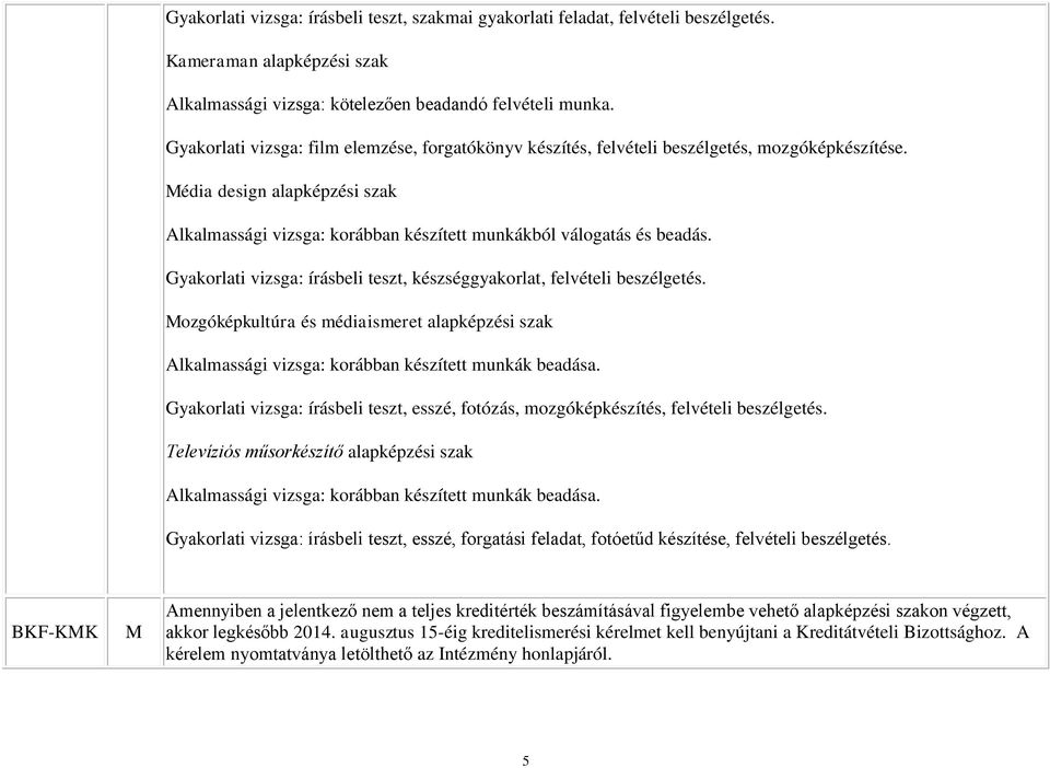 Gyakorlati vizsga: írásbeli teszt, készséggyakorlat, felvételi beszélgetés. ozgóképkultúra és médiaismeret alapképzési szak lkalmassági vizsga: korábban készített munkák beadása.