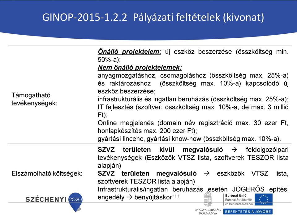 10%-a) kapcsolódó új eszköz beszerzése; infrastrukturális és ingatlan beruházás (összköltség max. 25%-a); IT fejlesztés (szoftver: összköltség max. 10%-a, de max.