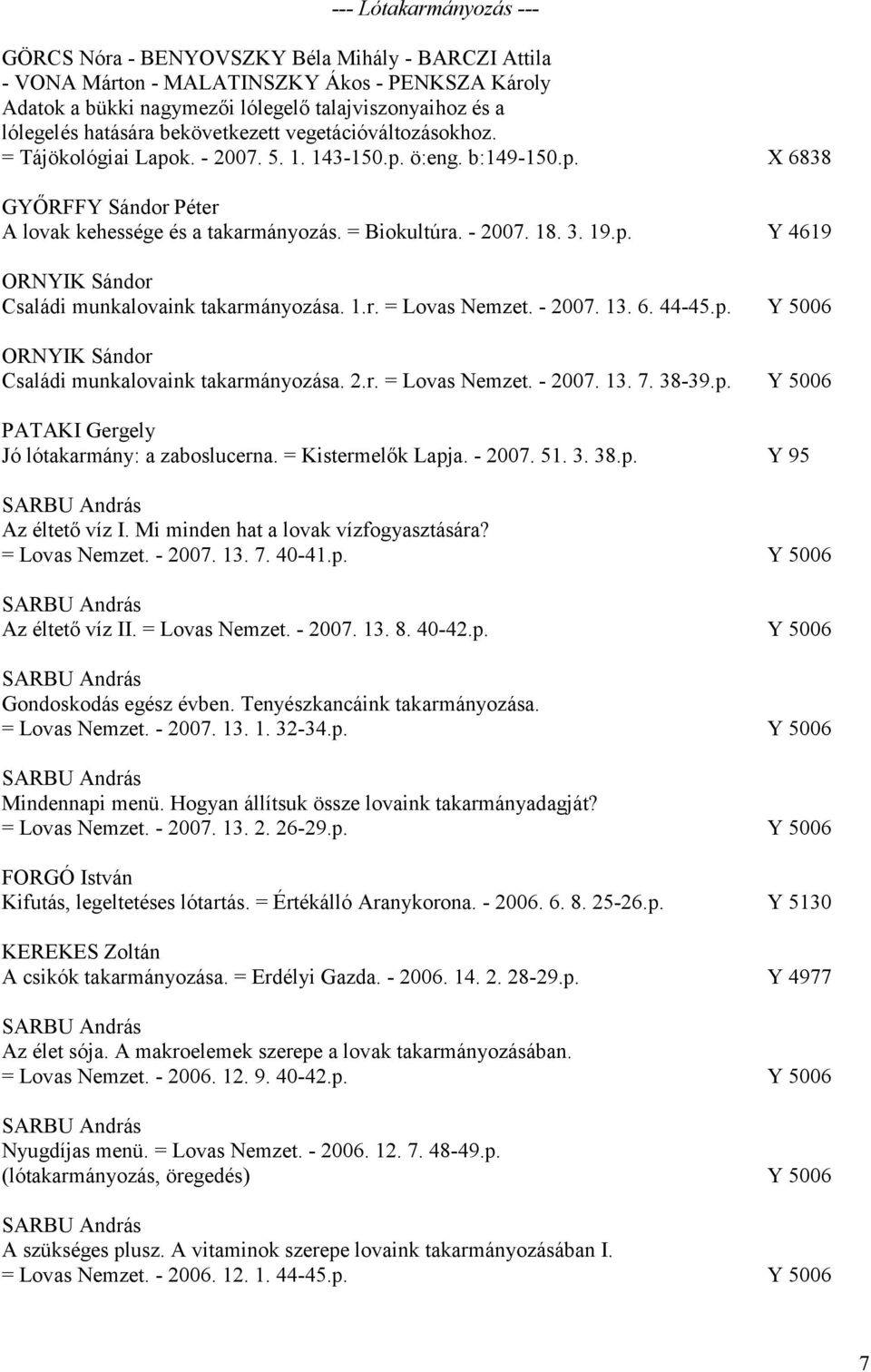 - 2007. 18. 3. 19.p. Y 4619 ORNYIK Sándor Családi munkalovaink takarmányozása. 1.r. = Lovas Nemzet. - 2007. 13. 6. 44-45.p. Y 5006 ORNYIK Sándor Családi munkalovaink takarmányozása. 2.r. = Lovas Nemzet. - 2007. 13. 7.