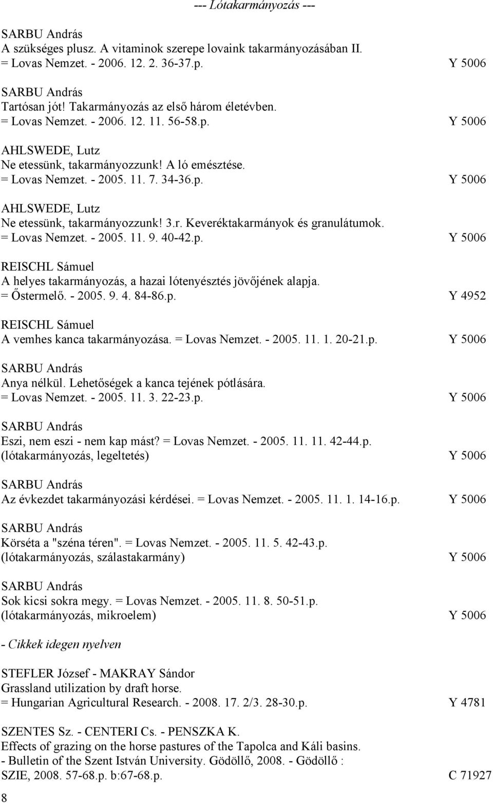 = Lovas Nemzet. - 2005. 11. 9. 40-42.p. Y 5006 REISCHL Sámuel A helyes takarmányozás, a hazai lótenyésztés jövőjének alapja. = Őstermelő. - 2005. 9. 4. 84-86.p. Y 4952 REISCHL Sámuel A vemhes kanca takarmányozása.