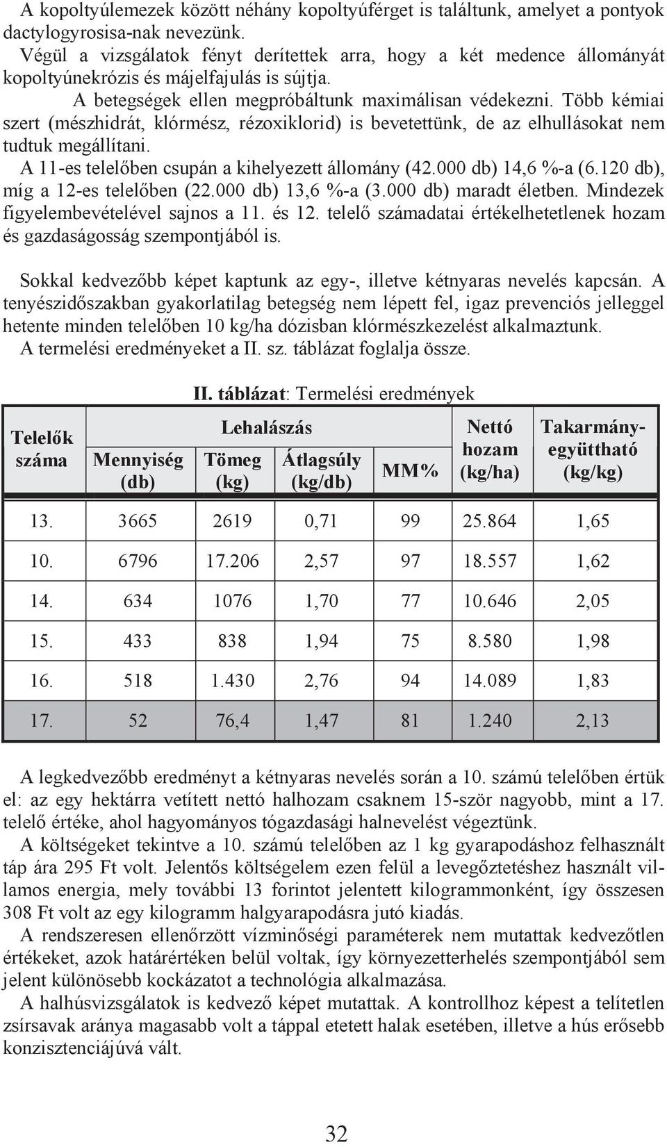 Több kémiai szert (mészhidrát, klórmész, rézoxiklorid) is bevetettünk, de az elhullásokat nem tudtuk megállítani. A 11-es telel ben csupán a kihelyezett állomány (42.000 db) 14,6 %-a (6.
