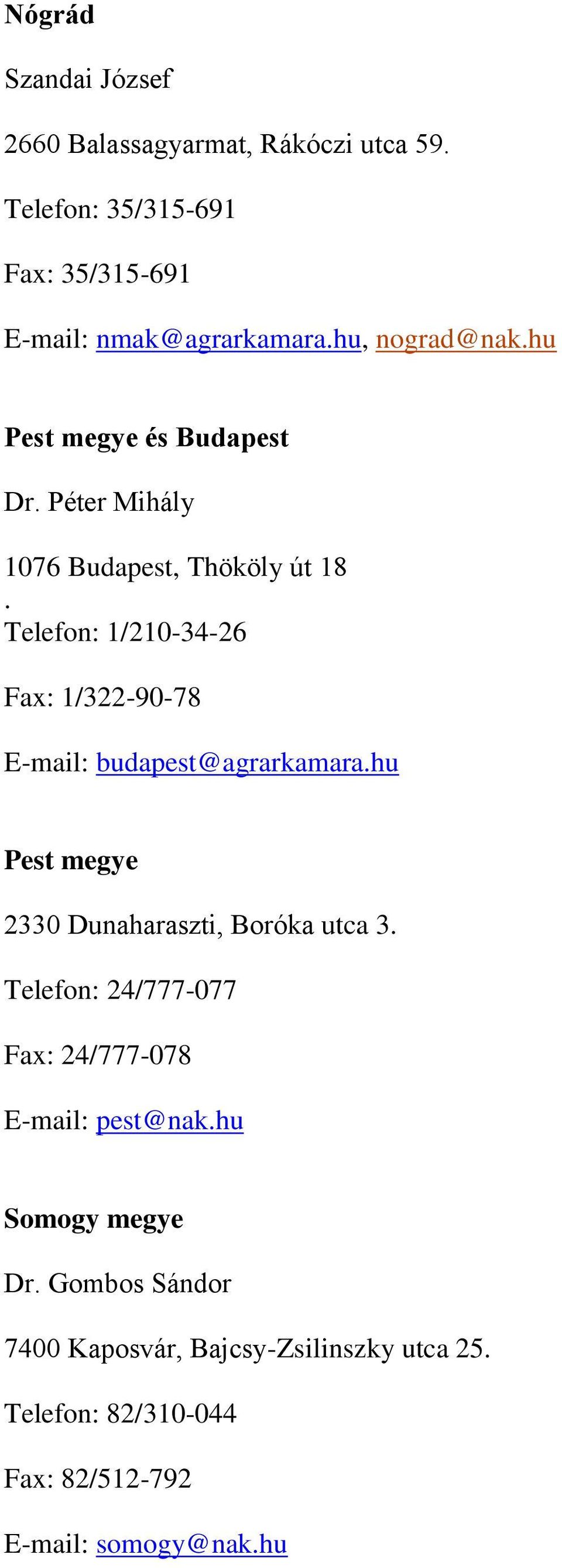Telefon: 1/210-34-26 Fax: 1/322-90-78 E-mail: budapest@agrarkamara.hu Pest megye 2330 Dunaharaszti, Boróka utca 3.
