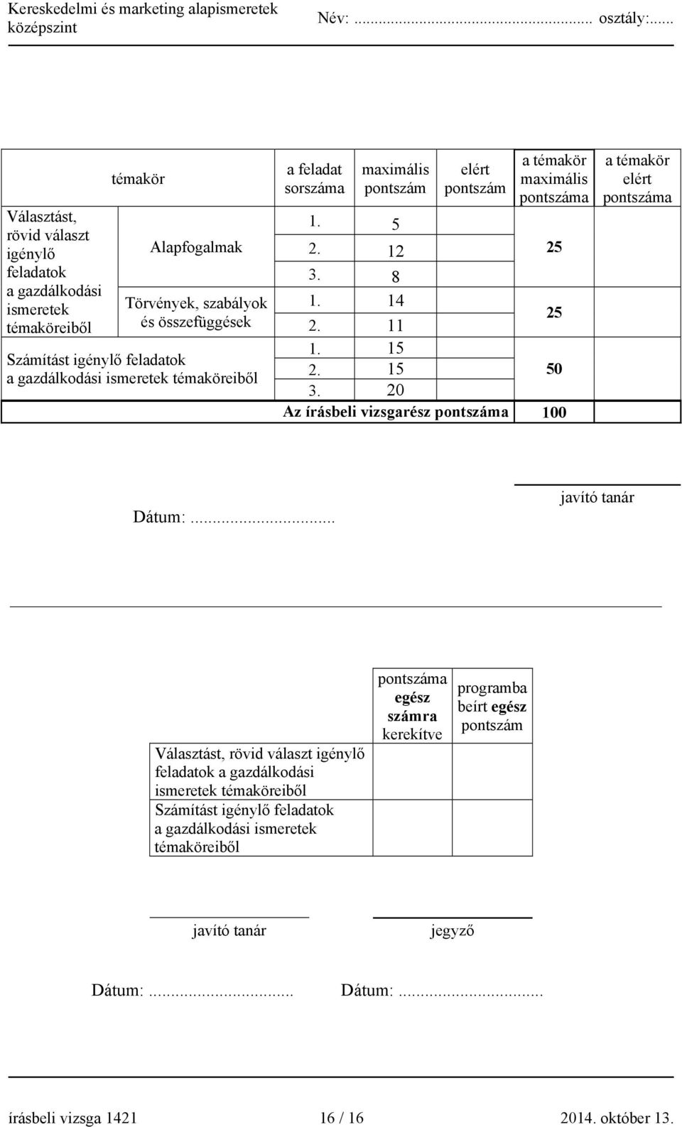 20 Az írásbeli vizsgarész pontszáma 100 a témakör elért pontszáma Dátum:.