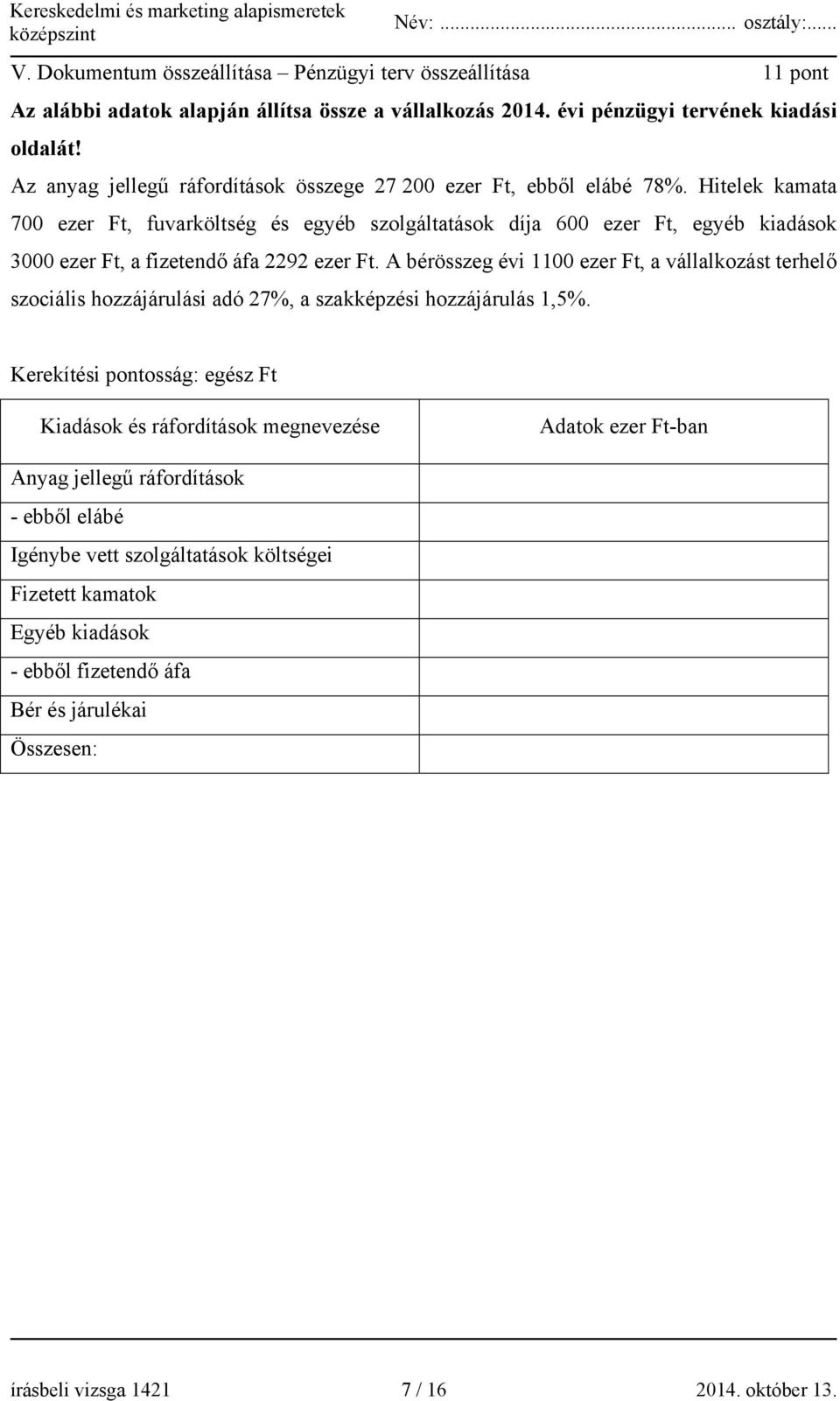 Hitelek kamata 700 ezer Ft, fuvarköltség és egyéb szolgáltatások díja 600 ezer Ft, egyéb kiadások 3000 ezer Ft, a fizetendő áfa 2292 ezer Ft.