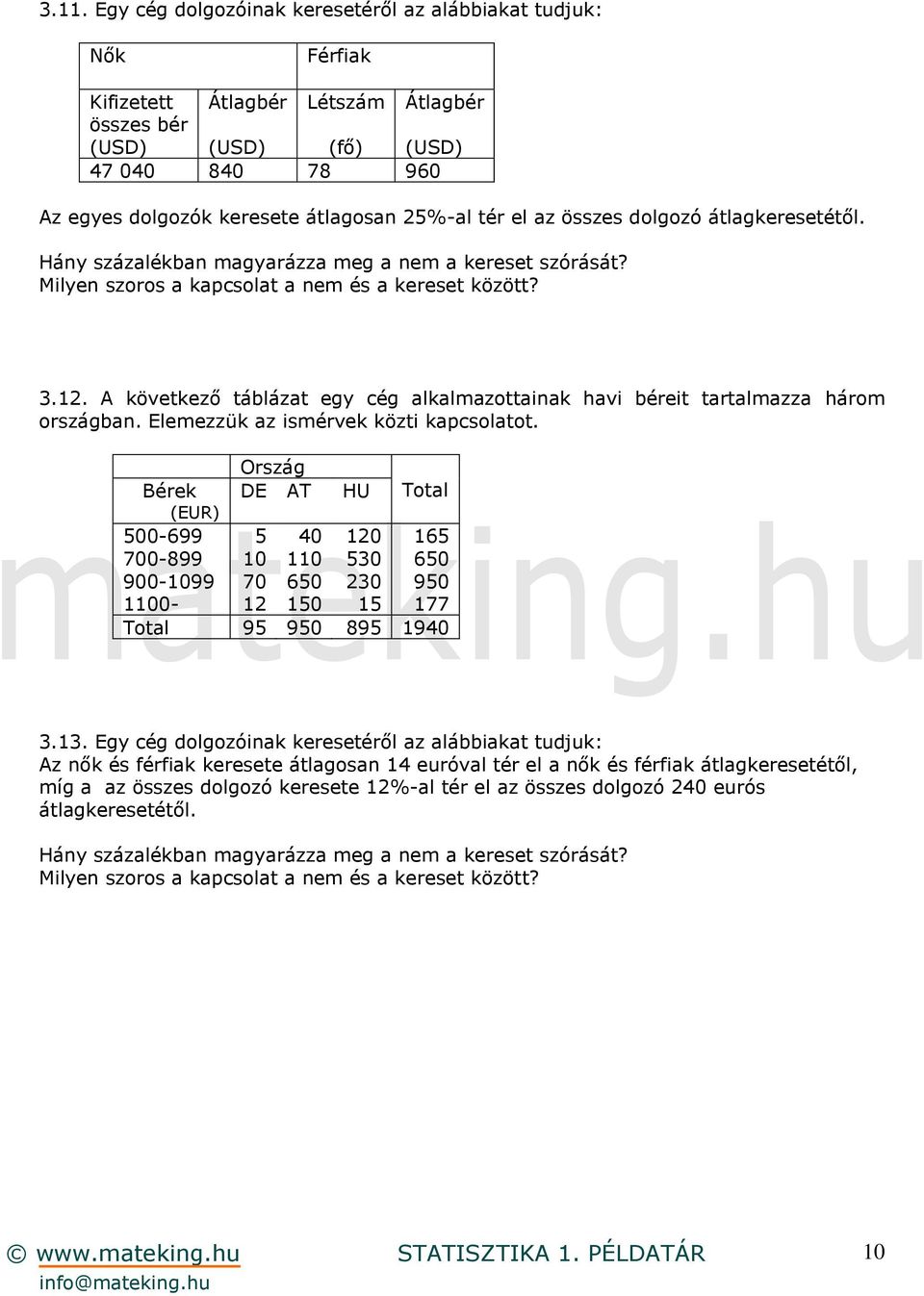 A következő táblázat egy cég alkalmazottainak havi béreit tartalmazza három országban. Elemezzük az ismérvek közti kapcsolatot.