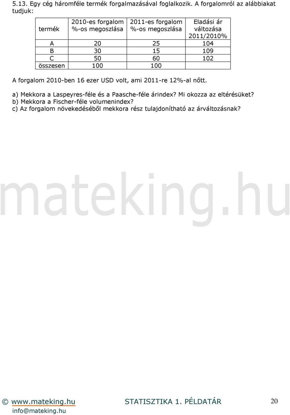 változása 2011/2010% A 20 25 104 B 30 15 109 C 50 60 102 összesen 100 100 A forgalom 2010-ben 16 ezer USD volt, ami 2011-re