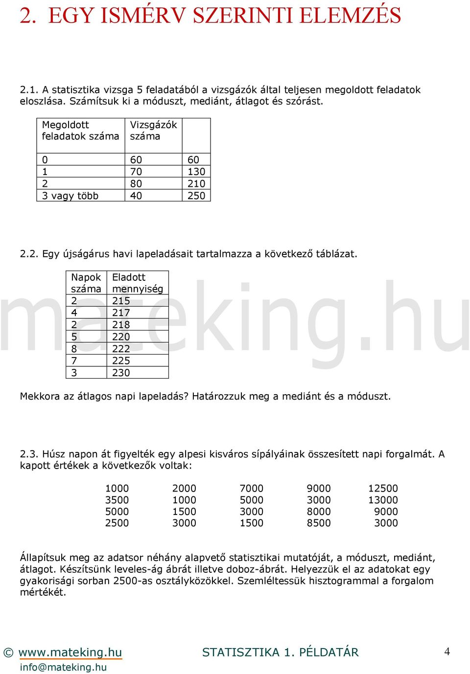 Napok Eladott száma mennyiség 2 215 4 217 2 218 5 220 8 222 7 225 3 230 Mekkora az átlagos napi lapeladás? Határozzuk meg a mediánt és a móduszt. 2.3. Húsz napon át figyelték egy alpesi kisváros sípályáinak összesített napi forgalmát.