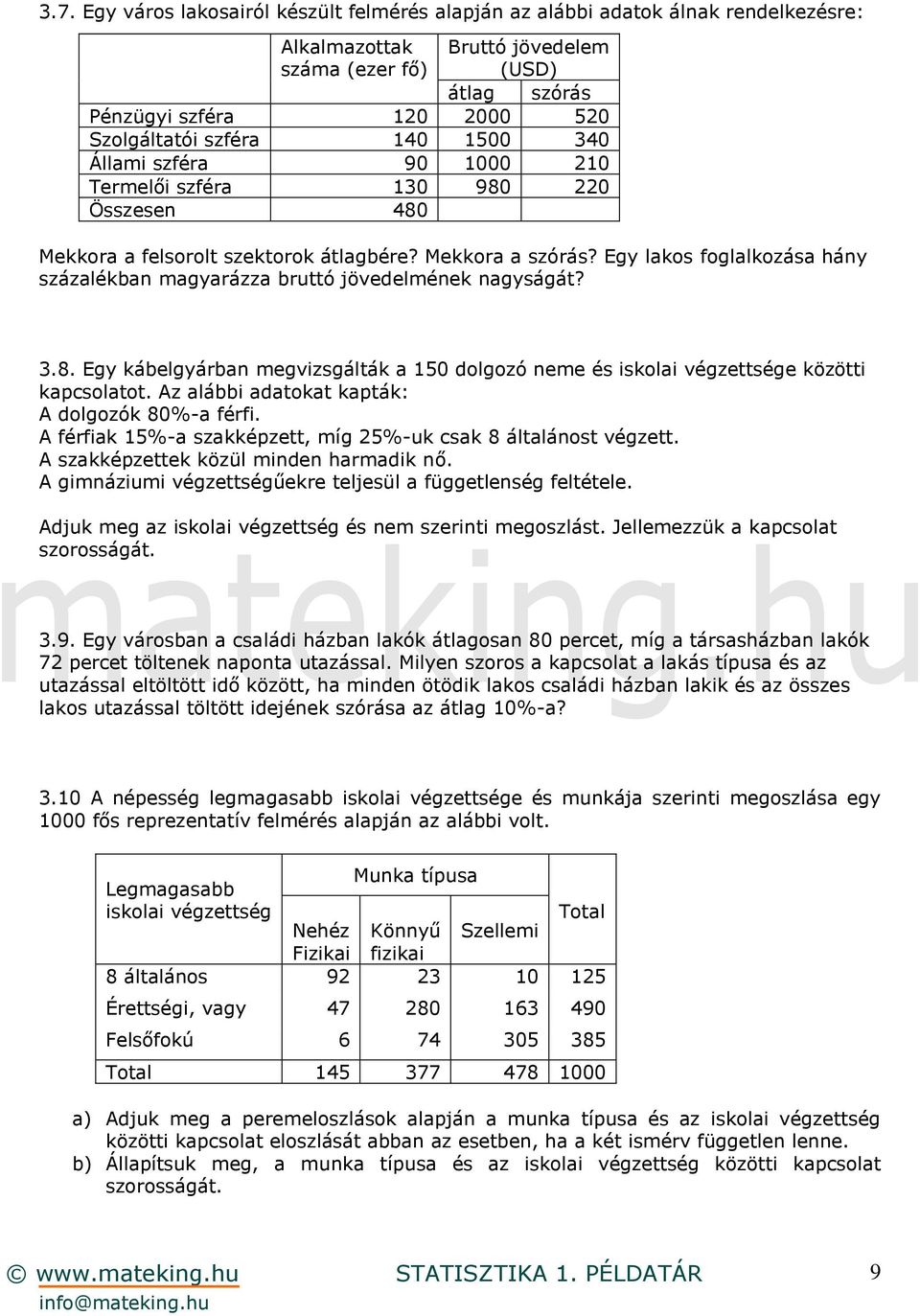 Egy lakos foglalkozása hány százalékban magyarázza bruttó jövedelmének nagyságát? 3.8. Egy kábelgyárban megvizsgálták a 150 dolgozó neme és iskolai végzettsége közötti kapcsolatot.