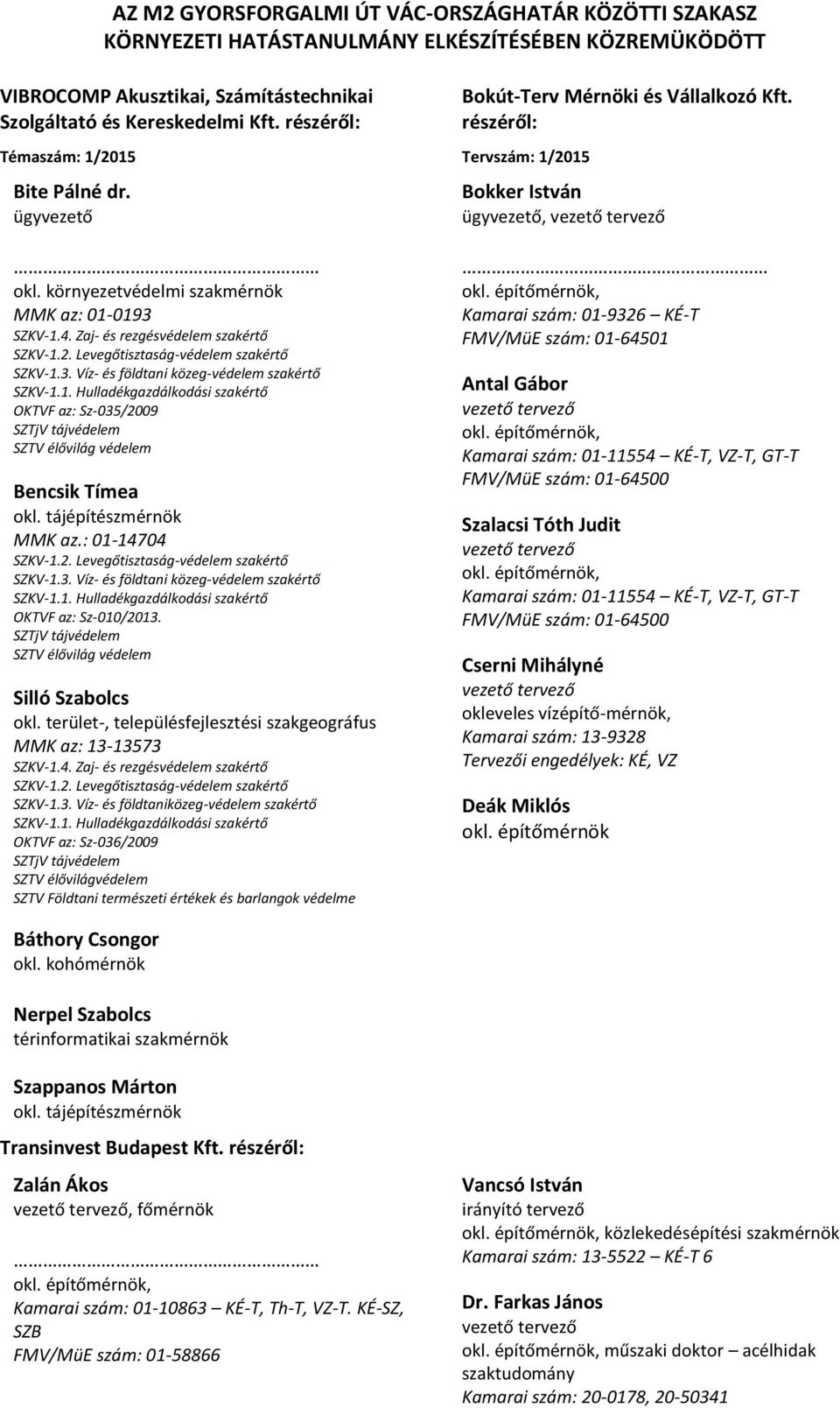 1. Hulladékgazdálkodási szakértő OKTVF az: Sz-035/2009 SZTjV tájvédelem SZTV élővilág védelem Bencsik Tímea okl. tájépítészmérnök MMK az.: 01-14704 SZKV-1.2. Levegőtisztaság-védelem szakértő SZKV-1.3. Víz- és földtani közeg-védelem szakértő SZKV-1.