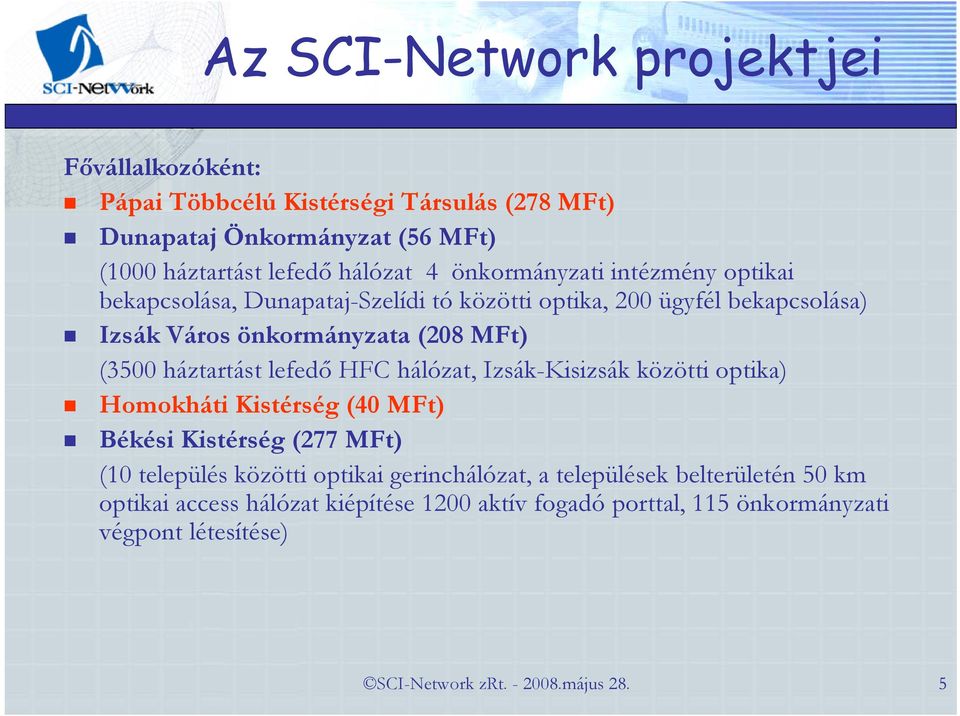 háztartást lefedı HFC hálózat, Izsák-Kisizsák közötti optika) Homokháti Kistérség (40 MFt) Békési Kistérség (277 MFt) (10 település közötti optikai