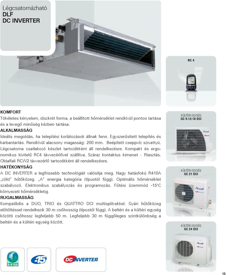 Légcsatorna csatlakozó készlet tartozékként áll rendelkezésre. Kompakt és ergonomikus kivitelû RC4 távvezérlõvel szállítva. Száraz kontaktus kimenet Riasztás.