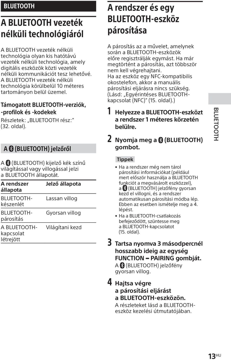 oldal). A (BLUETOOTH) jelzőről A (BLUETOOTH) kijelző kék színű világítással vagy villogással jelzi a BLUETOOTH állapotát.