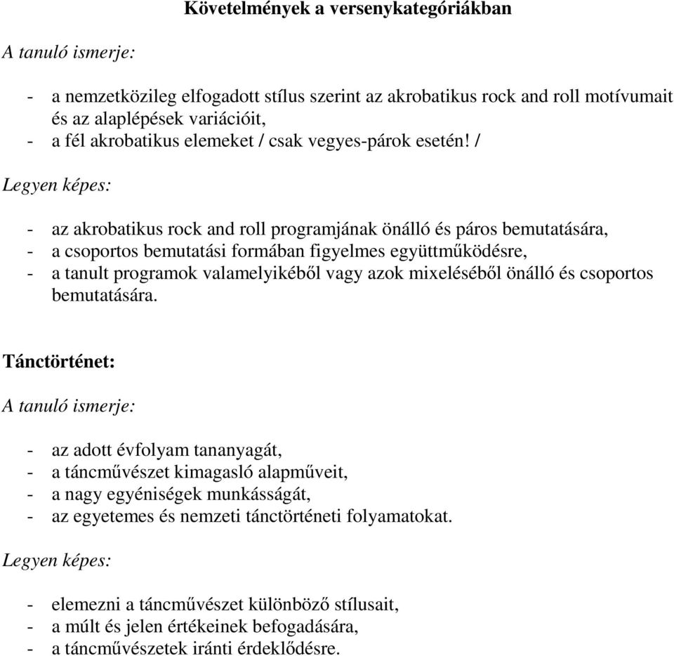 / Legyen képes: - az akrobatikus rock and roll programjának önálló és páros bemutatására, - a csoportos bemutatási formában figyelmes együttműködésre, - a tanult programok valamelyikéből vagy azok