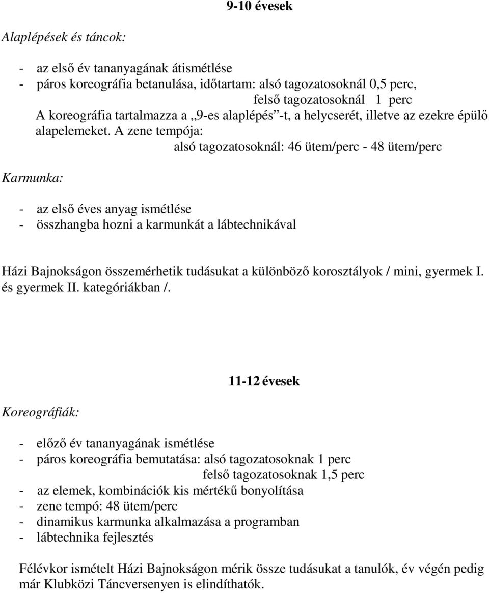 A zene tempója: alsó tagozatosoknál: 46 ütem/perc - 48 ütem/perc Karmunka: - az első éves anyag ismétlése - összhangba hozni a karmunkát a lábtechnikával Házi Bajnokságon összemérhetik tudásukat a