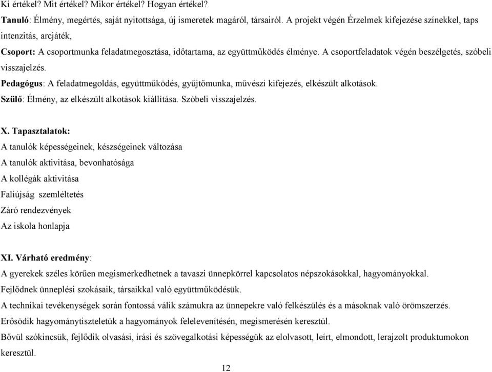 A csoportfeladatok végén beszélgetés, szóbeli visszajelzés. Pedagógus: A feladatmegoldás, együttműködés, gyűjtőmunka, művészi kifejezés, elkészült alkotások.