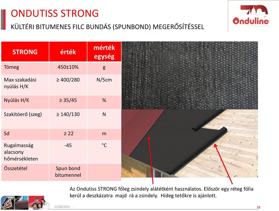 Spun bond bitumennel Az Ondutiss STRONG főleg zsindely alátétként használatos.