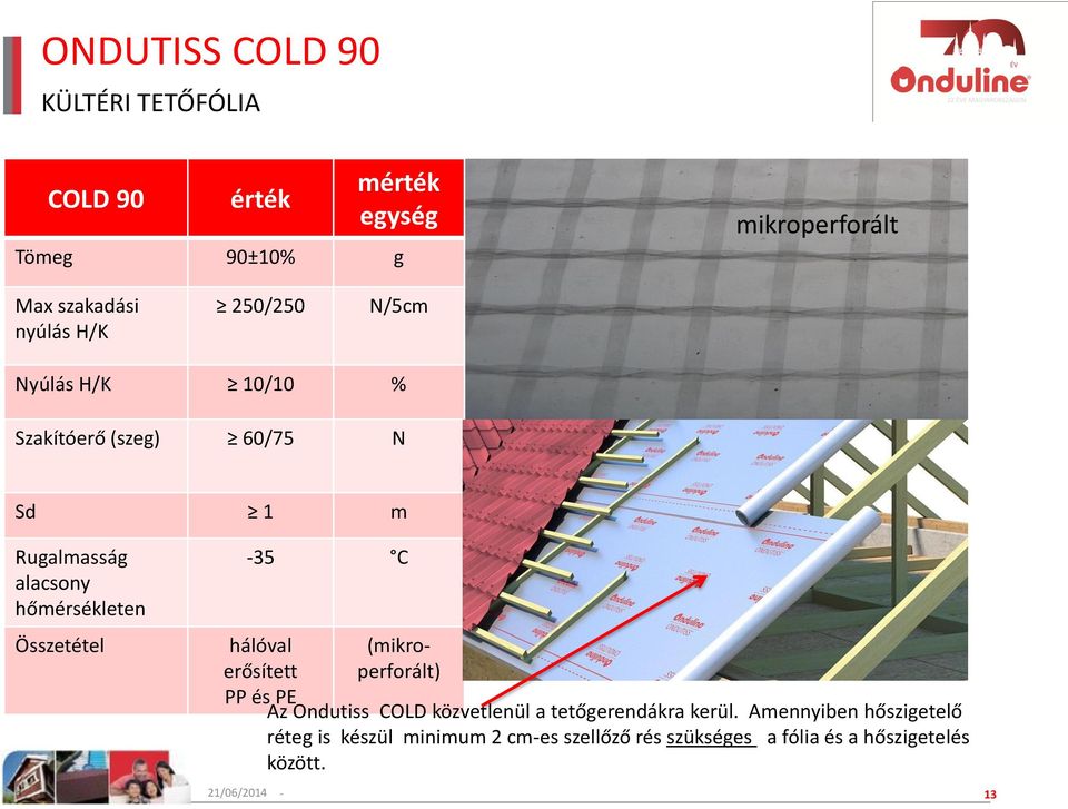(mikroperforált) Az Ondutiss COLD közvetlenül a tetőgerendákra kerül.