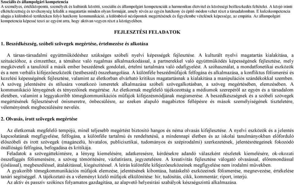 E kulcskompetencia alapja a különböző területeken folyó hatékony kommunikáció, a különböző nézőpontok megértésének és figyelembe vételének képessége, az empátia.