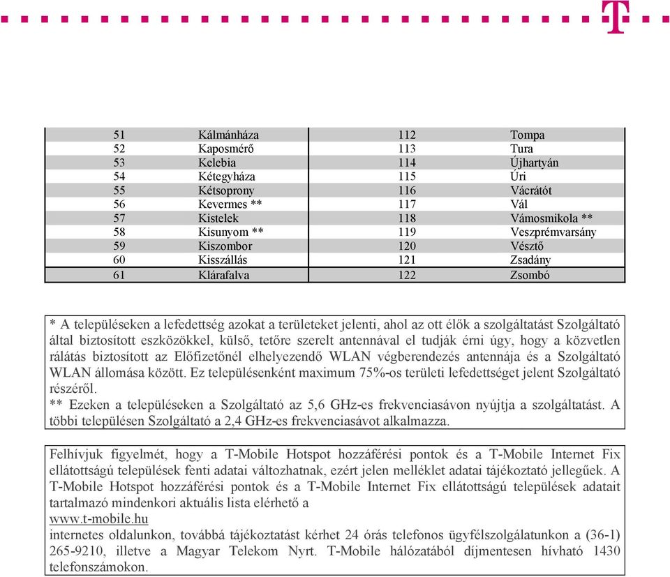 által biztosított eszközökkel, külső, tetőre szerelt antennával el tudják érni úgy, hogy a közvetlen rálátás biztosított az Előfizetőnél elhelyezendő WLAN végberendezés antennája és a Szolgáltató