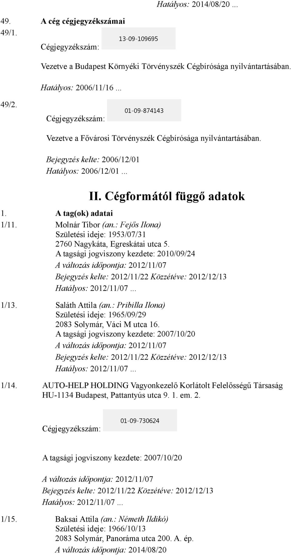 : Fejős Ilona) Születési ideje: 1953/07/31 2760 Nagykáta, Egreskátai utca 5. A tagsági jogviszony kezdete: 2010/09/24 A változás időpontja: 2012/11/07 Hatályos: 2012/11/07... 1/13. Saláth Attila (an.