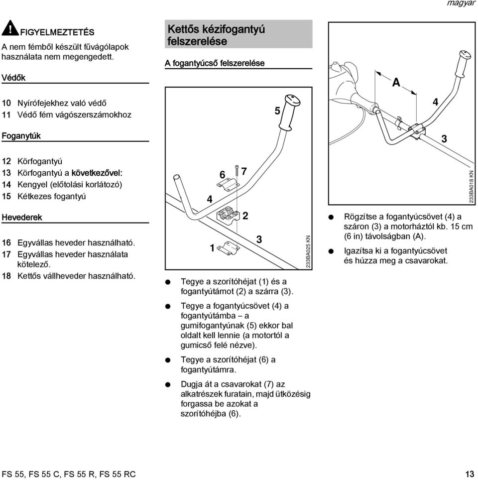 (előtolási korlátozó) 15 Kétkezes fogantyú 4 6 7 233BA018 K Hevederek 16 Egyvállas heveder használható. 17 Egyvállas heveder használata kötelező. 18 Kettős vállheveder használható.