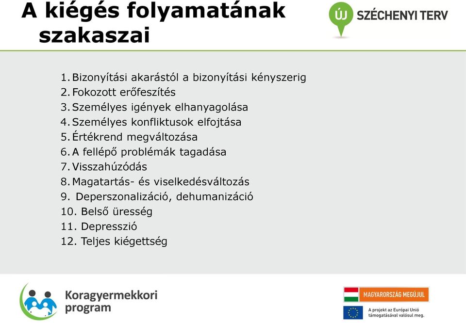 Értékrend megváltozása 6.A fellépő problémák tagadása 7.Visszahúzódás 8.