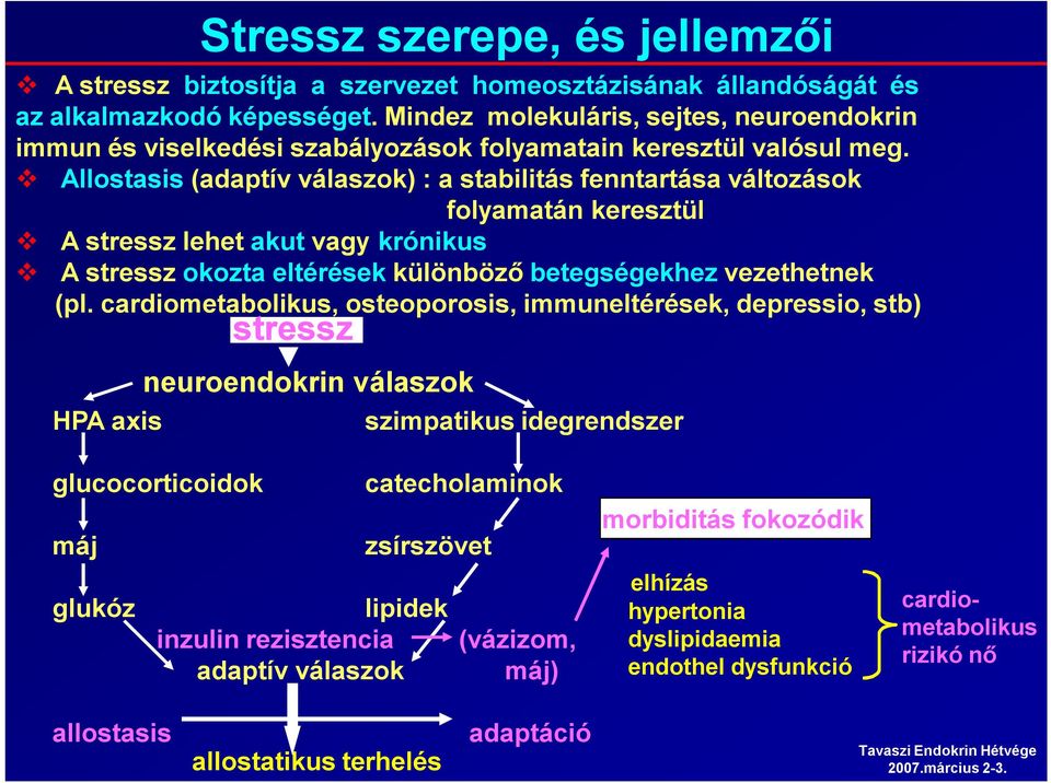 Allostasis (adaptív válaszok) : a stabilitás fenntartása változások folyamatán keresztül A stressz lehet akut vagy krónikus A stressz okozta eltérések különböző betegségekhez vezethetnek (pl.