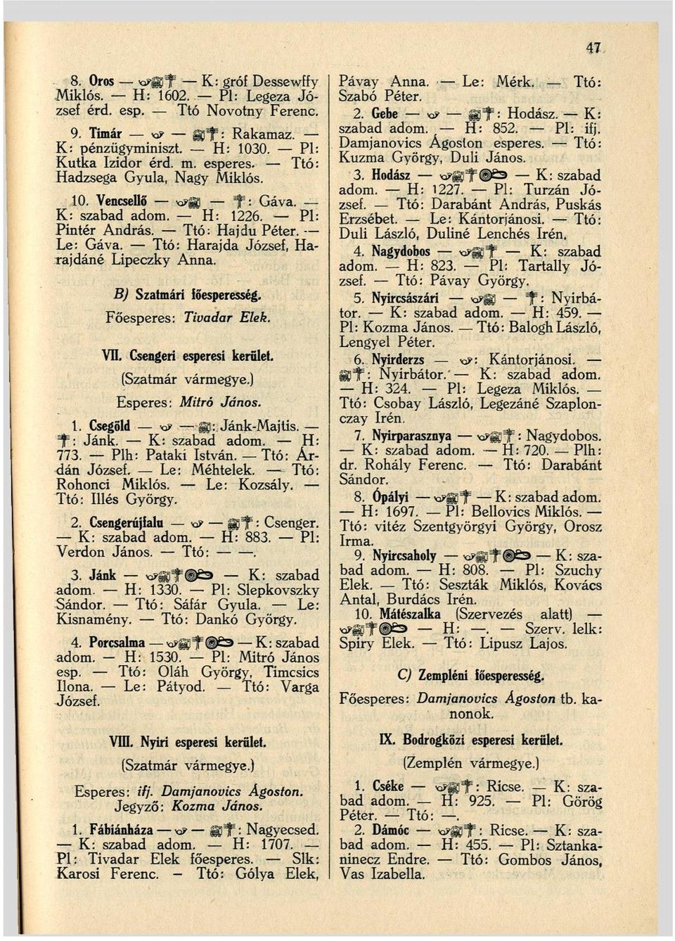 B) Szatmári főesperesség. Főesperes: Tivadar Elek. VII. Csenged esperesi kerület. (Szatmár vármegye.) Esperes: Mitró János. 1. Csegöld gj: Jánk-Majtis. f: Jánk. K: szabad adom. H: 773.