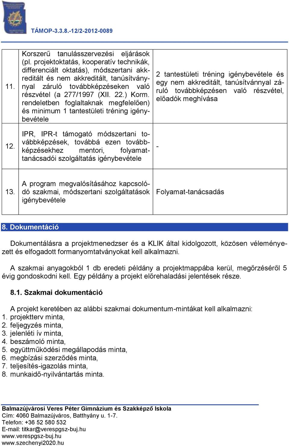 rendeletben foglaltaknak megfelelően) és minimum 1 tantestületi tréning igénybevétele IPR, IPR-t támogató módszertani továbbképzések, továbbá ezen továbbképzésekhez mentori, folyamattanácsadói