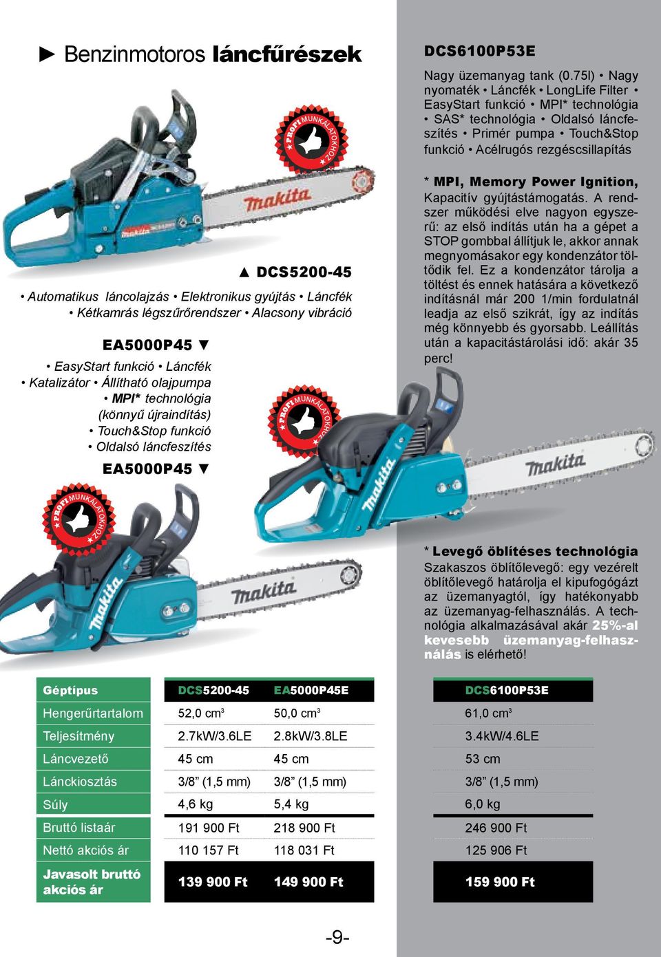 láncolajzás Elektronikus gyújtás Láncfék Kétkamrás légszűrőrendszer Alacsony vibráció EA5000P45 EasyStart funkció Láncfék Katalizátor Állítható olajpumpa MPI* technológia (könnyű újraindítás)