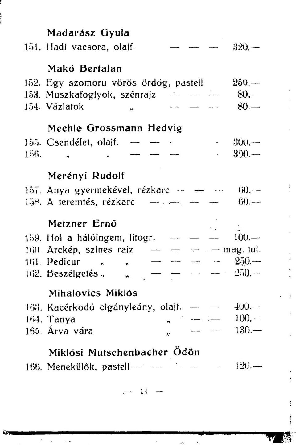 A teremtés, rézkarc 60 Metzner Ernő 159. Hol a hálóingem, litogr. 100. 160. Arckép, színes rajz mag. tul. 161. Pedicur jj 250 J62. Beszélgetés.