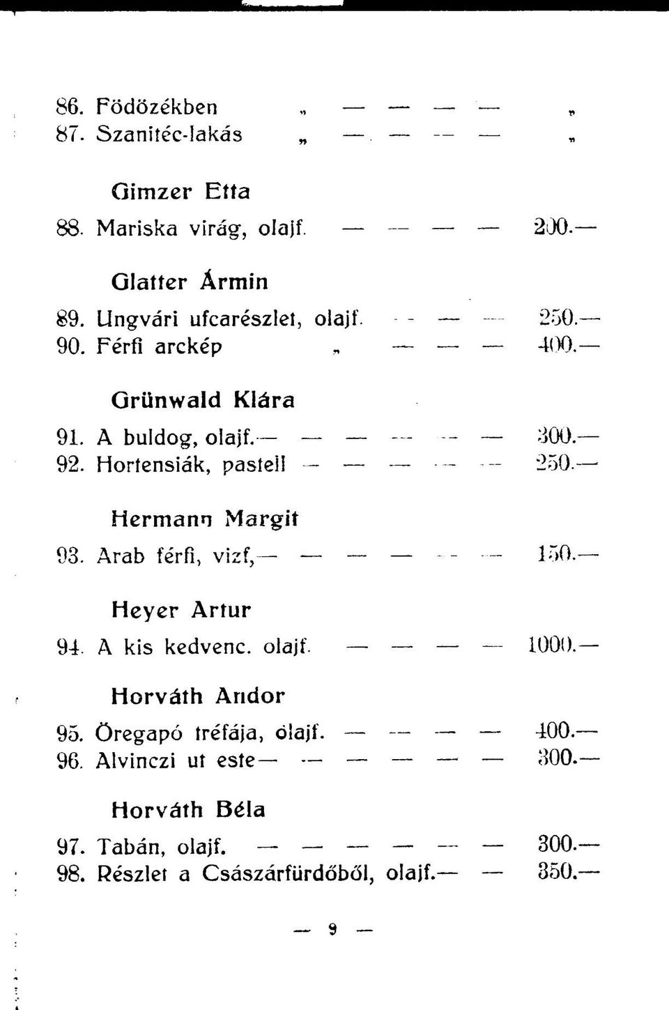 Horíensiák, pastell 250 Hermann Margit 93. Arab férfi, vizf, 150 Heyer Artúr 94 A kis kedvenc, olajf. 1000.