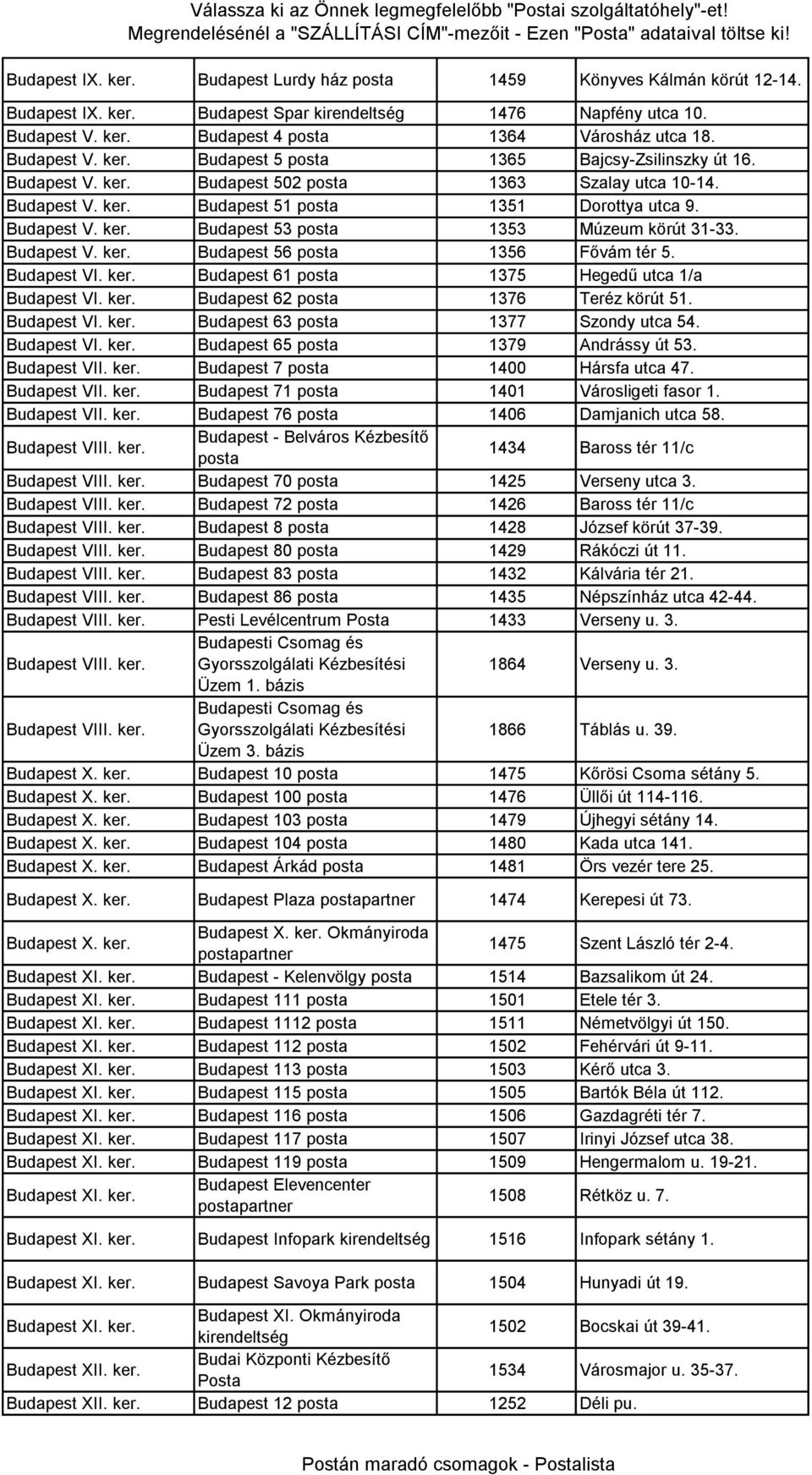 Budapest V. ker. Budapest 56 posta 1356 Fővám tér 5. Budapest VI. ker. Budapest 61 posta 1375 Hegedű utca 1/a Budapest VI. ker. Budapest 62 posta 1376 Teréz körút 51. Budapest VI. ker. Budapest 63 posta 1377 Szondy utca 54.