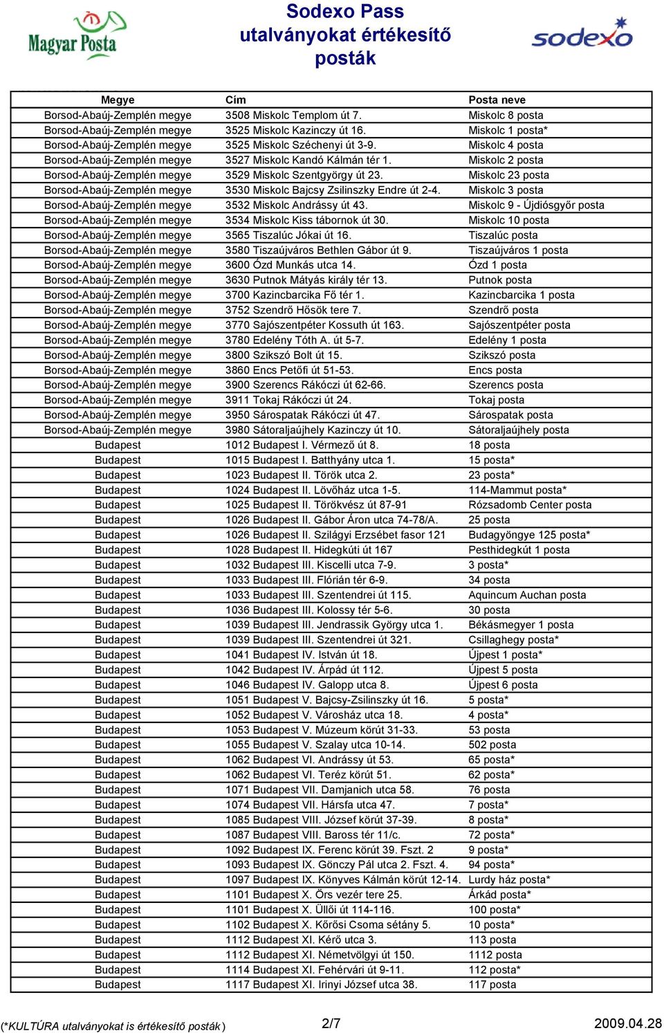 Miskolc 23 posta Borsod-Abaúj-Zemplén megye 3530 Miskolc Bajcsy Zsilinszky Endre út 2-4. Miskolc 3 posta Borsod-Abaúj-Zemplén megye 3532 Miskolc Andrássy út 43.