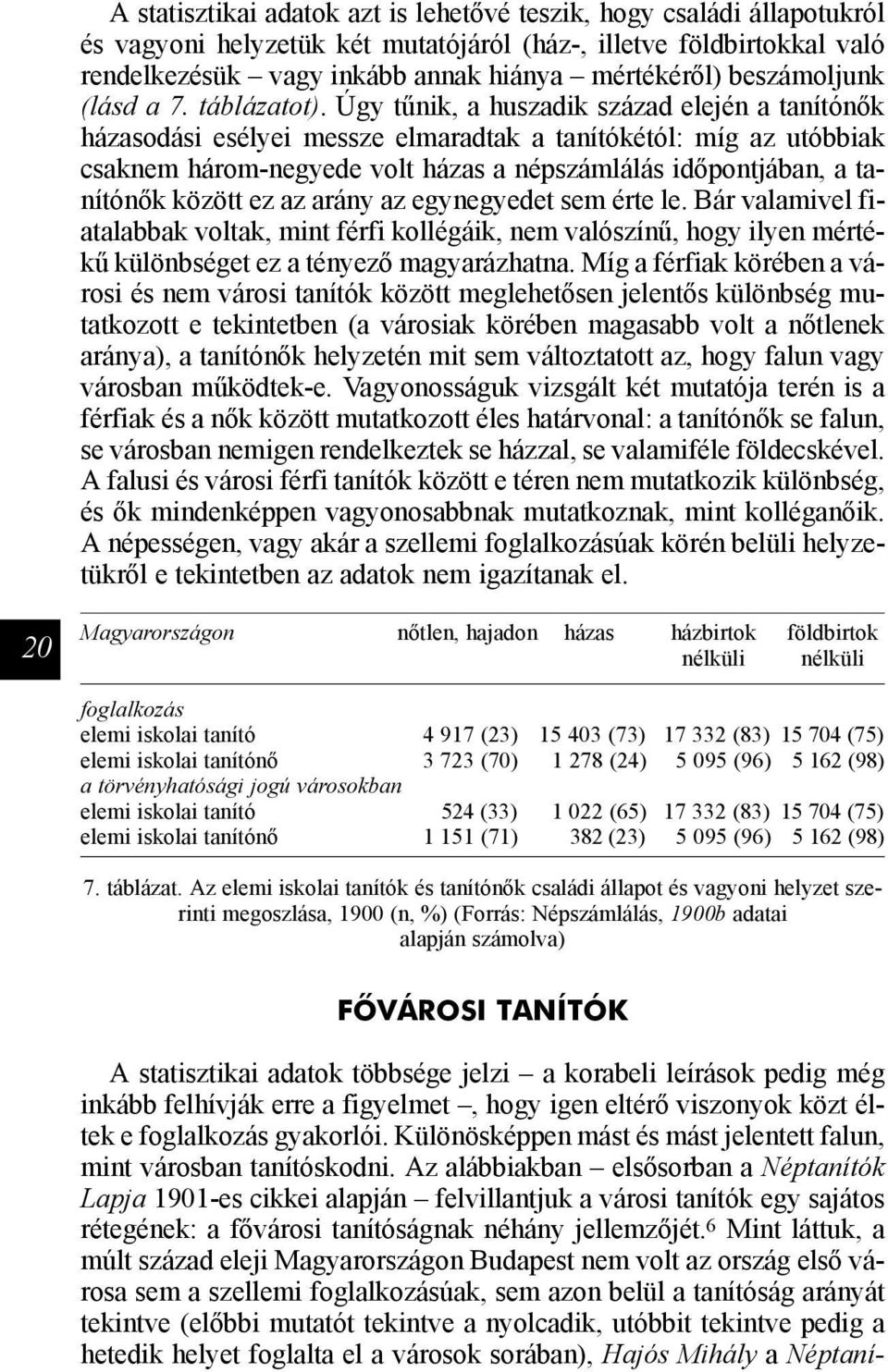 Úgy tűnik, a huszadik század elején a tanítónők házasodási esélyei messze elmaradtak a tanítókétól: míg az utóbbiak csaknem három-negyede volt házas a népszámlálás időpontjában, a tanítónők között ez