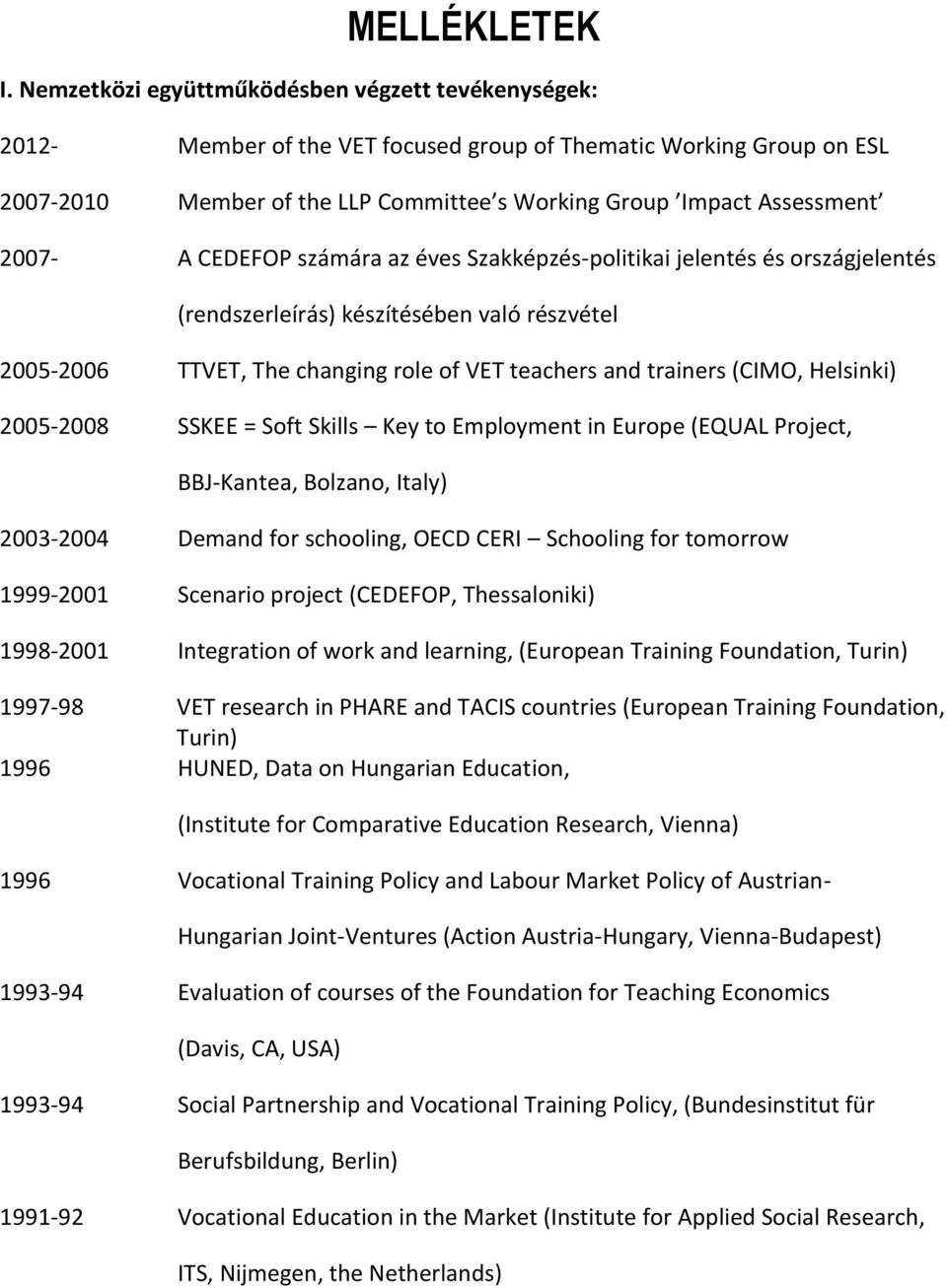 A CEDEFOP számára az éves Szakképzés-politikai jelentés és országjelentés (rendszerleírás) készítésében való részvétel 2005-2006 TTVET, The changing role of VET teachers and trainers (CIMO, Helsinki)