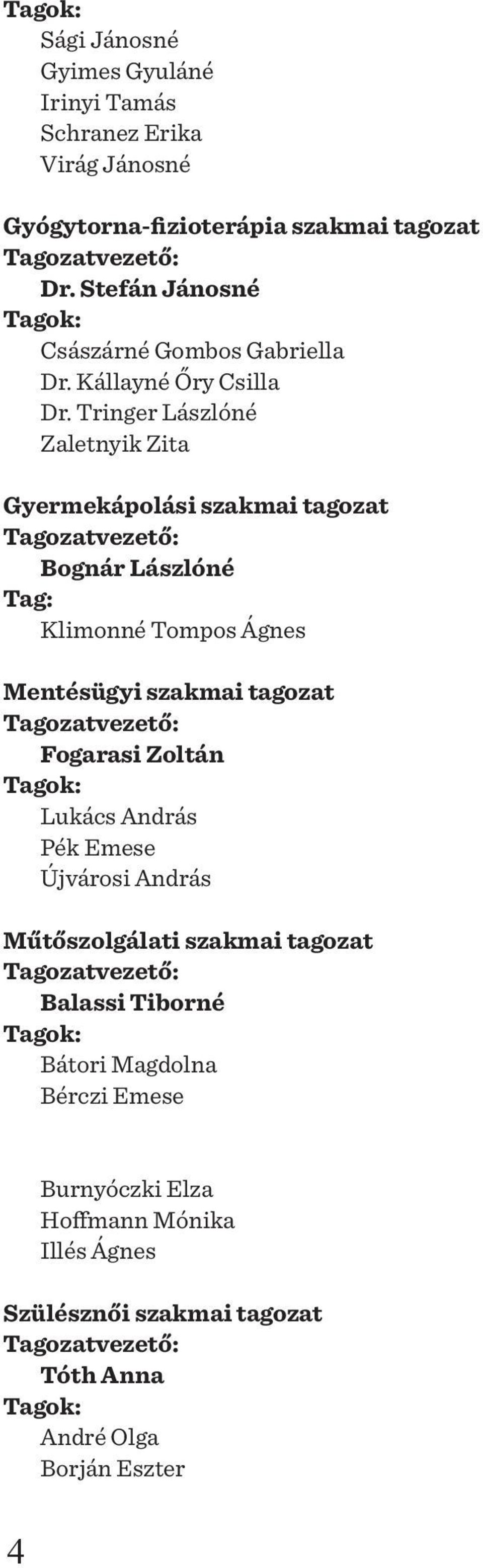 Tringer Lászlóné Zaletnyik Zita Gyermekápolási szakmai tagozat Tagozatvezető: Bognár Lászlóné Tag: Klimonné Tompos Ágnes Mentésügyi szakmai tagozat Tagozatvezető: