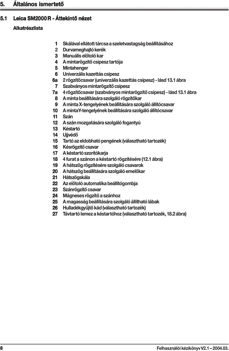 tartója 5 Mintahenger 6 Univerzális kazettás csipesz 6a 2 rögzítőcsavar (univerzális kazettás csipesz) - lásd 13.