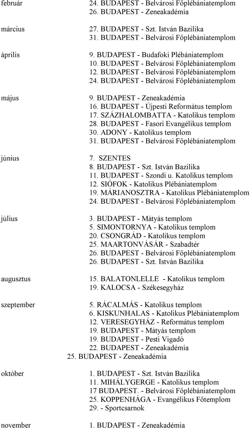 BUDAPEST - Belvárosi Főplébániatemplom 9. BUDAPEST - Zeneakadémia 16. BUDAPEST - Újpesti Református templom 17. SZÁZHALOMBATTA - Katolikus templom 28. BUDAPEST - Fasori Evangélikus templom 30.