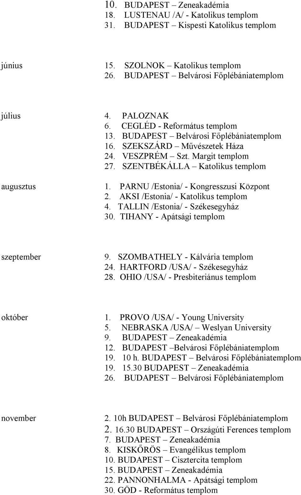 PARNU /Estonia/ - Kongresszusi Központ 2. AKSI /Estonia/ - Katolikus templom 4. TALLIN /Estonia/ - Székesegyház 30. TIHANY - Apátsági templom 9. SZOMBATHELY - Kálvária templom 24.