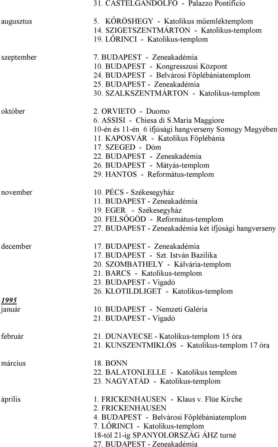 SZALKSZENTMÁRTON - Katolikus-templom 2. ORVIETO - Duomo 6. ASSISI - Chiesa di S.Maria Maggiore 10-én és 11-én 6 ifjúsági hangverseny Somogy Megyében 11. KAPOSVÁR - Katolikus Főplébánia 17.