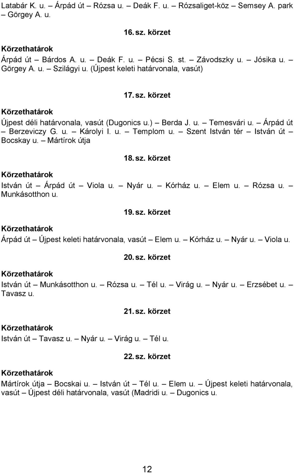 Szent István tér István út Bocskay u. Mártírok útja 18. sz. körzet István út Árpád út Viola u. Nyár u. Kórház u. Elem u. Rózsa u. Munkásotthon u. 19. sz. körzet Árpád út Újpest keleti határvonala, vasút Elem u.