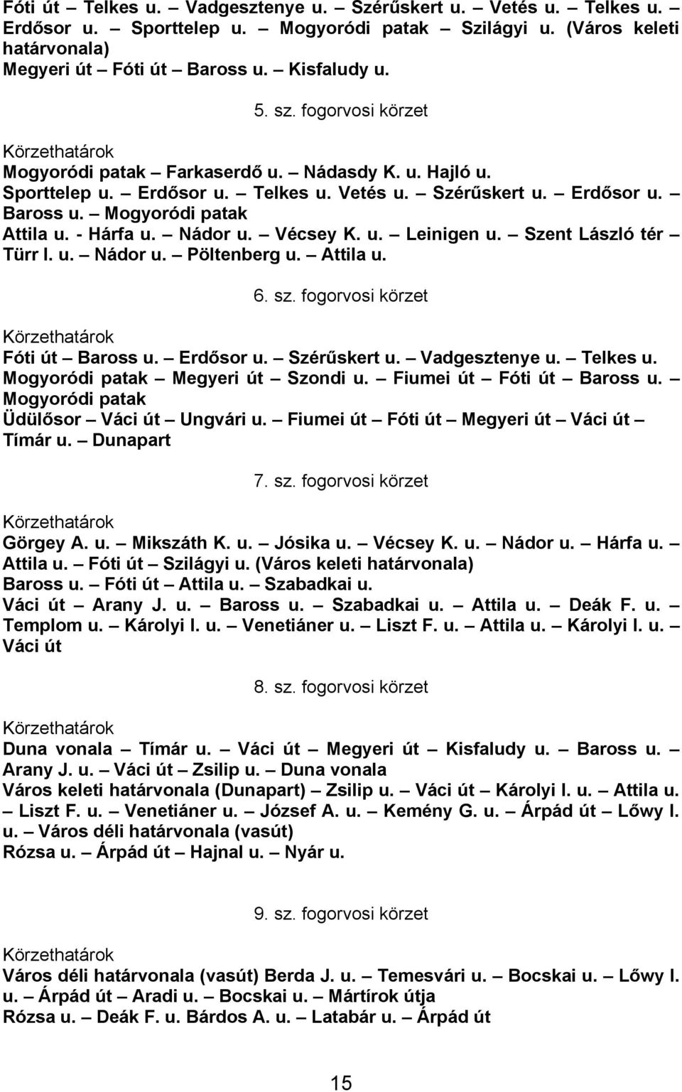 Vécsey K. u. Leinigen u. Szent László tér Türr I. u. Nádor u. Pöltenberg u. Attila u. 6. sz. fogorvosi körzet Fóti út Baross u. Erdősor u. Szérűskert u. Vadgesztenye u. Telkes u.