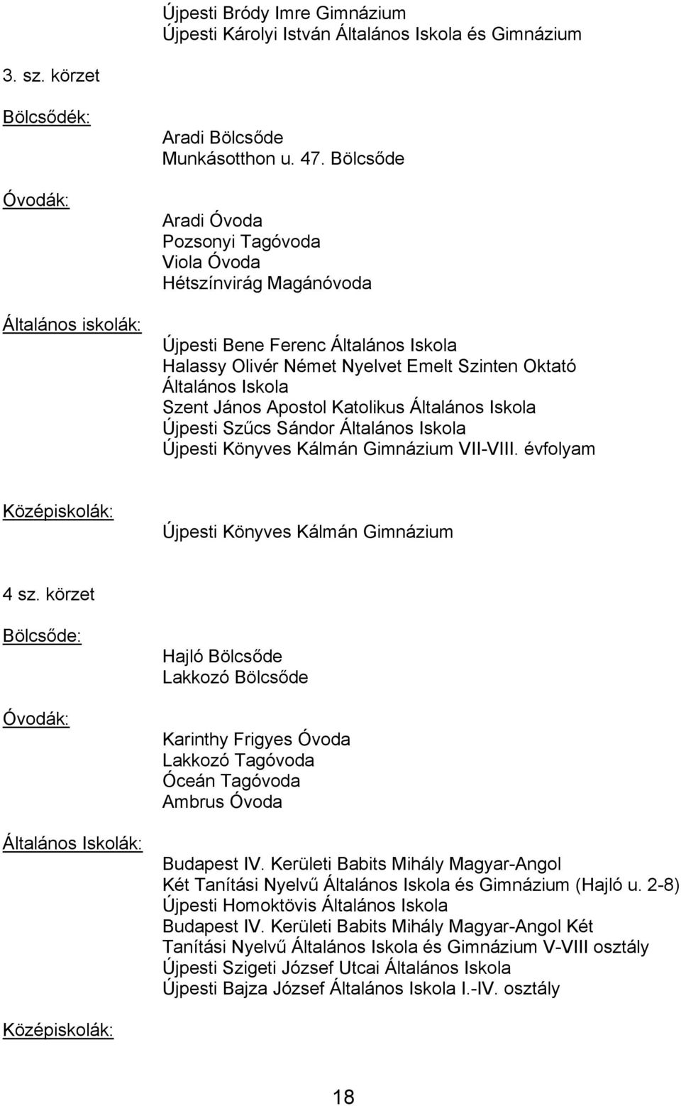 Katolikus Általános Iskola Újpesti Szűcs Sándor Általános Iskola Újpesti Könyves Kálmán Gimnázium VII-VIII. évfolyam Középiskolák: Újpesti Könyves Kálmán Gimnázium 4 sz.