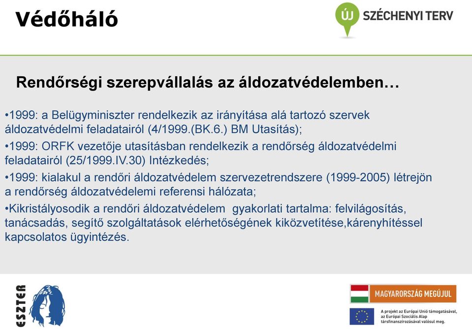 30) Intézkedés; 1999: kialakul a rendőri áldozatvédelem szervezetrendszere (1999-2005) létrejön a rendőrség áldozatvédelemi referensi hálózata;