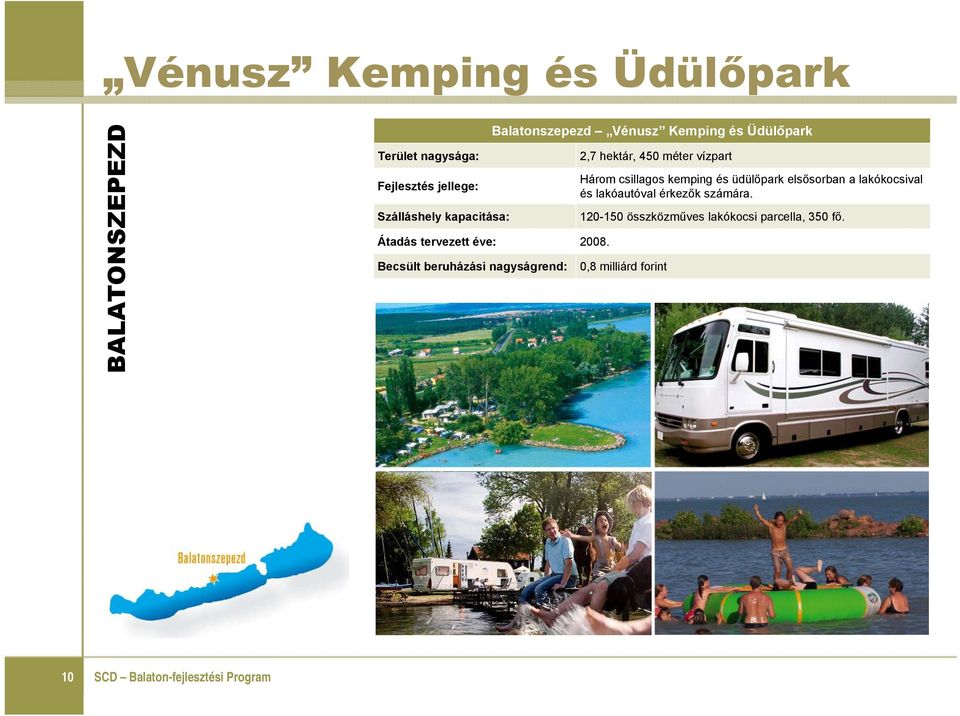 Üdülőpark 2,7 hektár, 450 méter vízpart Három csillagos kemping és üdülőpark elsősorban a