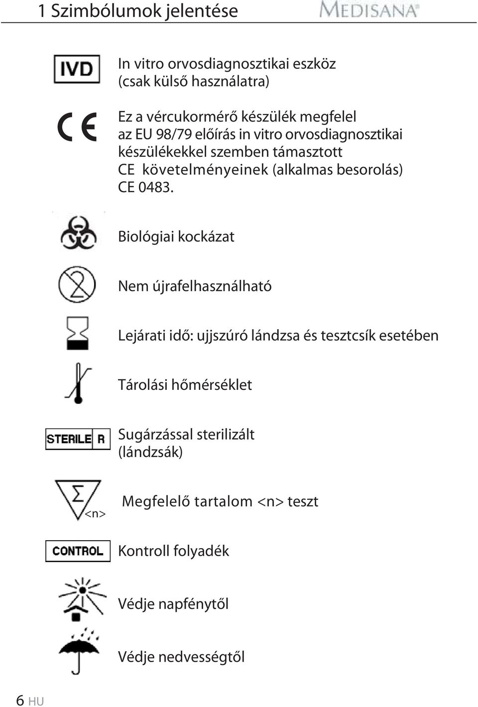 0483. Biológiai kockázat Nem újrafelhasználható Lejárati idő: ujjszúró lándzsa és tesztcsík esetében Tárolási hőmérséklet