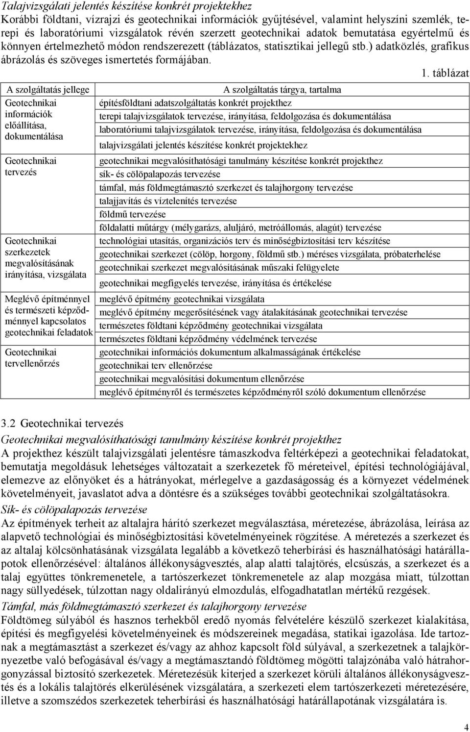 1. táblázat A szolgáltatás jellege Geotechnikai információk előállítása, dokumentálása Geotechnikai tervezés Geotechnikai szerkezetek megvalósításának irányítása, vizsgálata Meglévő építménnyel és